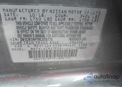 2019 Nissan Versa 1.6 S+ z USA, uszkodzony, nr VIN 3N1CN7AP7KL826775